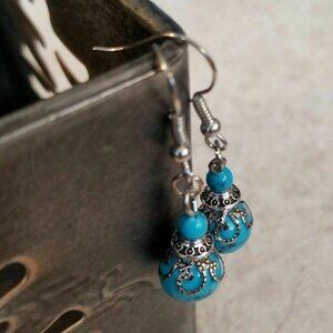 Handmade Turquoise Victorian Lace Art Nouveau Gemstone Bead Drop Earrings